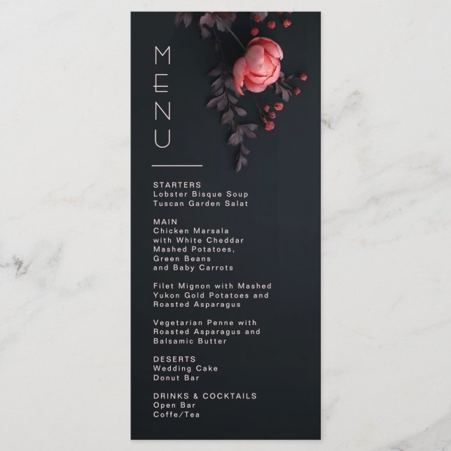 3D Flowers Rose Dark Romantic Wedding Menu (Front)