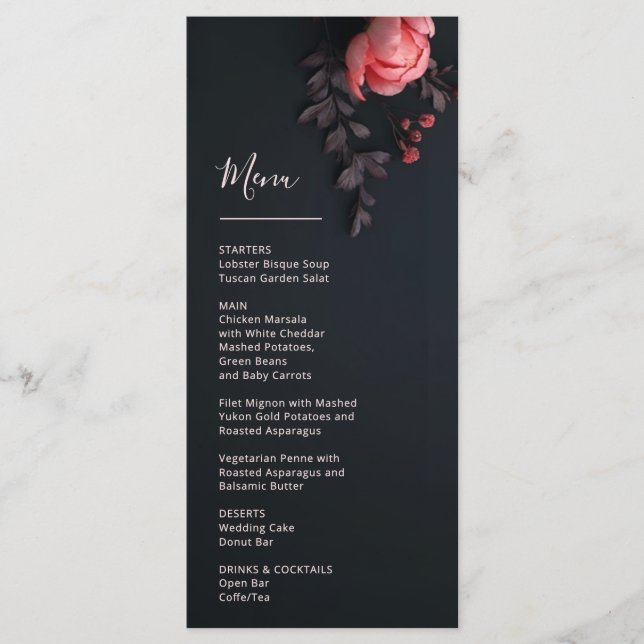 3D Flowers Rose Dark Romantic Wedding Menu (Front)