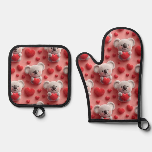 3D Fluffy Koala and Heart Seamless Pattern Oven Mitt & Pot Holder Set (Front)