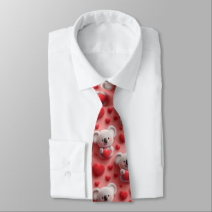 3D Fluffy Koala and Heart Seamless Pattern Tie