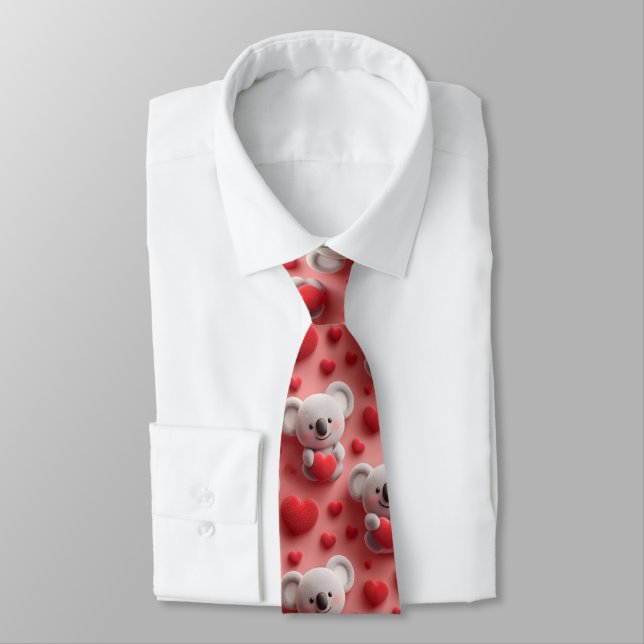 3D Fluffy Koala and Heart Seamless Pattern Tie (Tied)