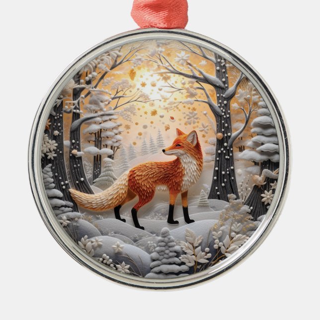 3D Fox in Winter Wonderland Christmas Metal Tree Decoration (Front)