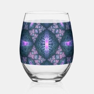 3D Fractal Art Abstract Pattern Blue Purple Pink Stemless Wine Glass