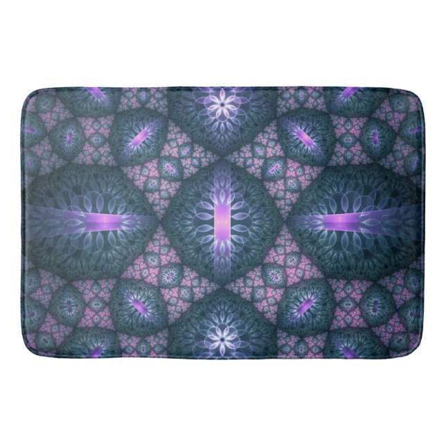 3D Fractal Art Pattern Turquoise Purple Pink Bath Mat (Front)