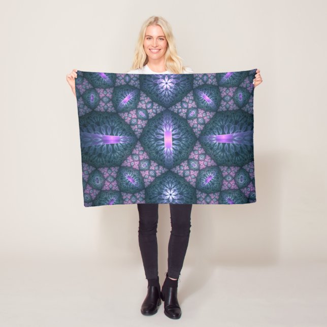3D Fractal Art Pattern Turquoise Purple Pink Fleece Blanket (In Situ)