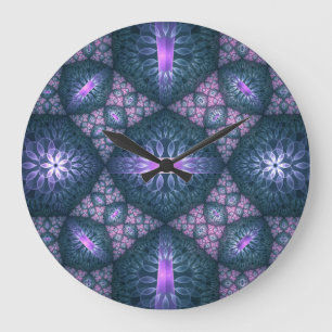3D Fractal Art Pattern Turquoise Purple Pink Large Clock