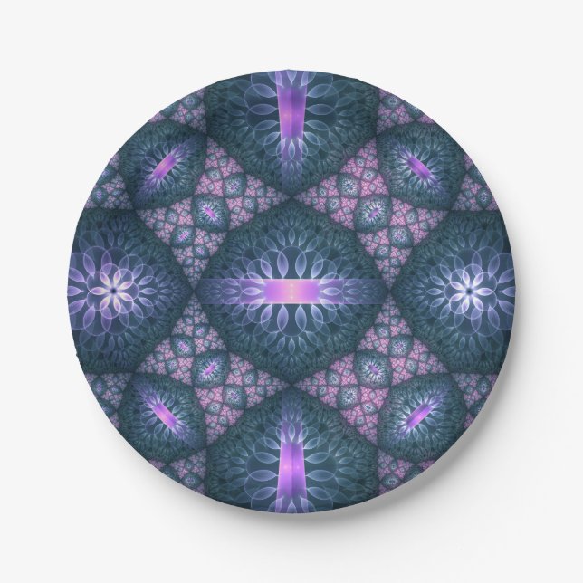 3D Fractal Art Pattern Turquoise Purple Pink Paper Plate (Front)