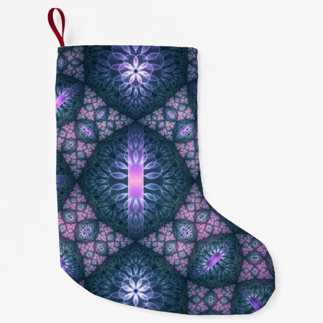 3D Fractal Art Pattern Turquoise Purple Pink Small Christmas Stocking (Front)