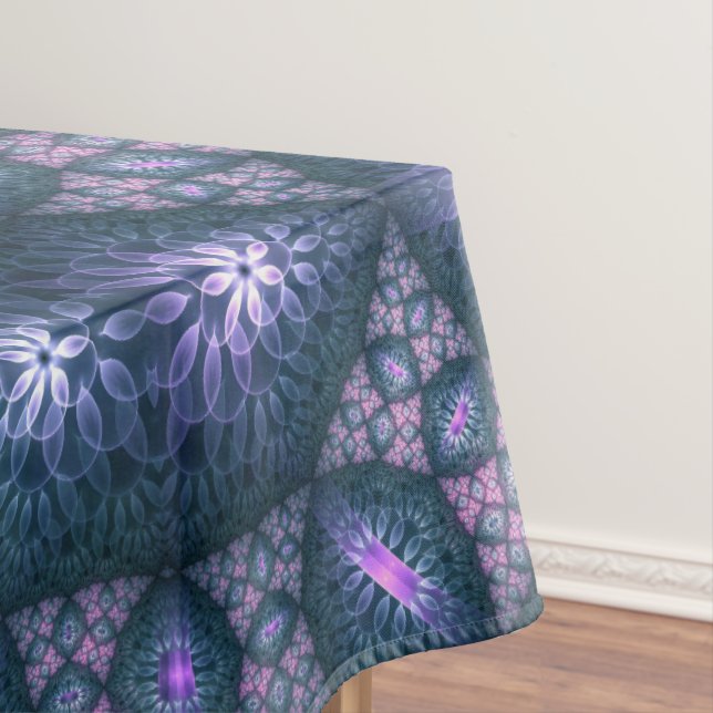 3D Fractal Art Pattern Turquoise Purple Pink Tablecloth (In Situ)