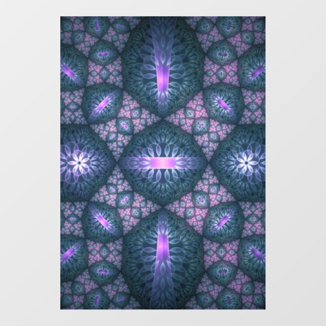 3D Fractal Art Pattern Turquoise Purple Pink Window Cling (Sheet)