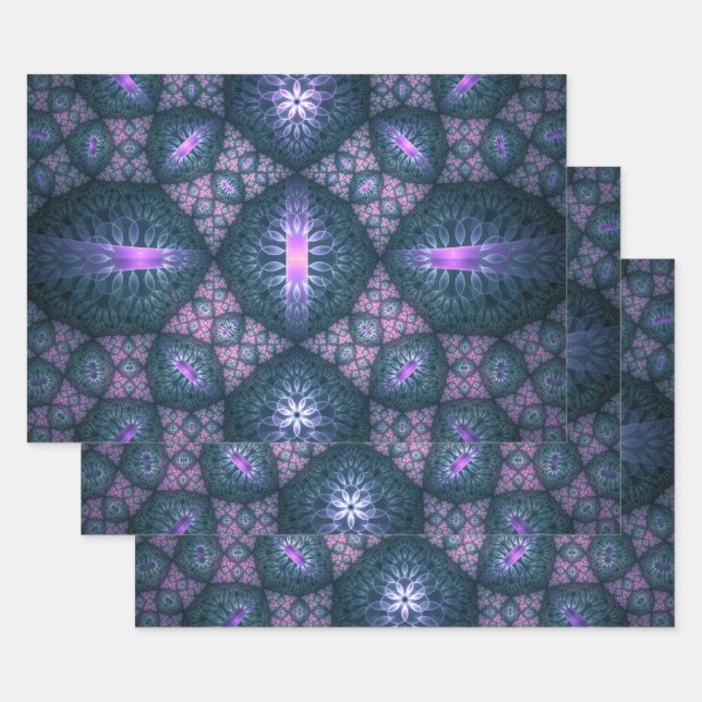 3D Fractal Art Pattern Turquoise Purple Pink Wrapping Paper Sheet (Set)