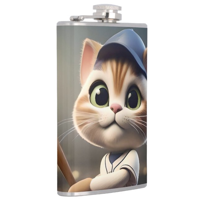 3D Funny Baseball Cat, Hip Flask (Right)