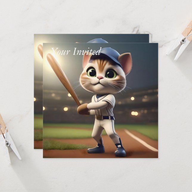 3D Funny Baseball Cat, Invitation (Front/Back In Situ)