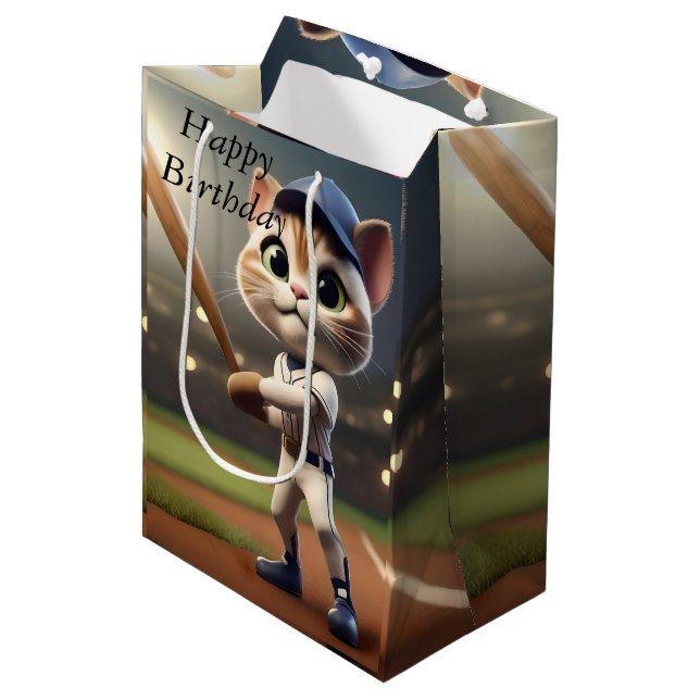 3D Funny Baseball Cat, Medium Gift Bag (Front Angled)