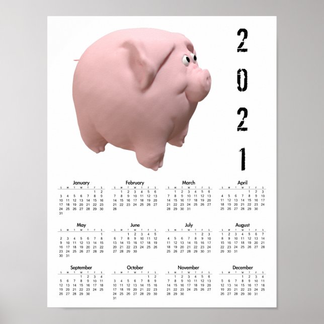 3D Funny Pig 1 White Calendar Poster 2021 (Front)
