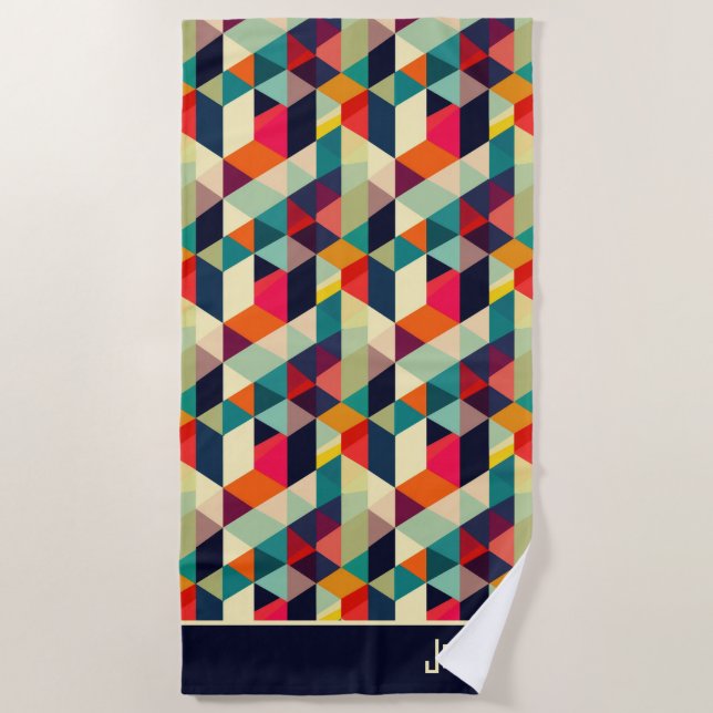 3D Geometric Pattern RETRO Aesthetic Name Beach Towel (Front)