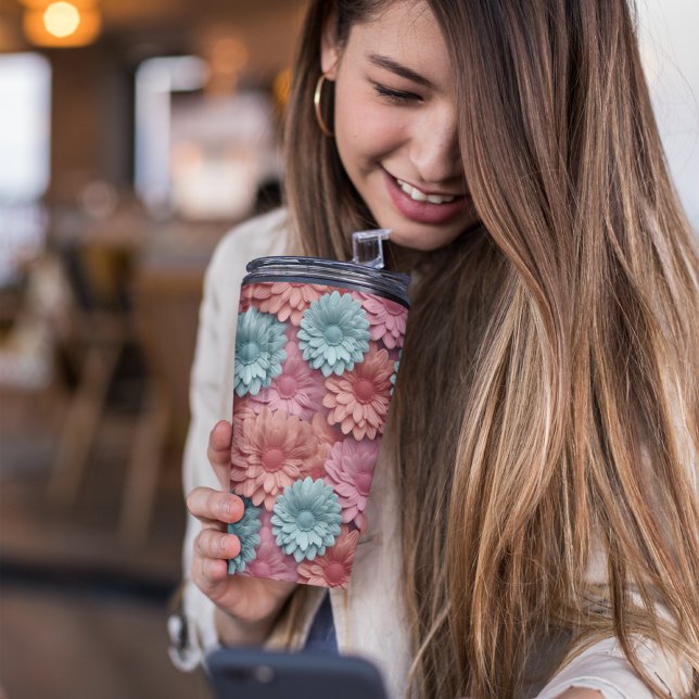 3D Gerbera Floral Thermal Tumbler (pink floral tumbler)