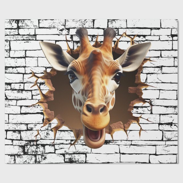 3D Giraffe Wall Break Art – Realistic Safari Wrapping Paper (Flat)