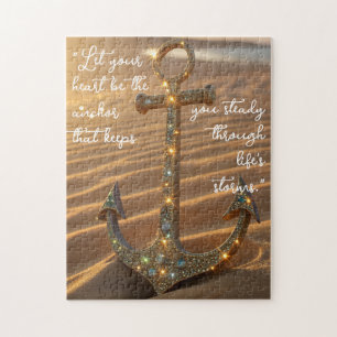 3D Glitter Anchor on Golden Beach Sand Background Jigsaw Puzzle