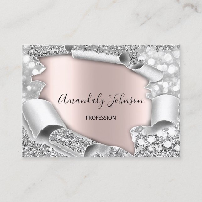 3D Glitter Makeup Event Hairdresser ROSE Silver Business Card (Front)