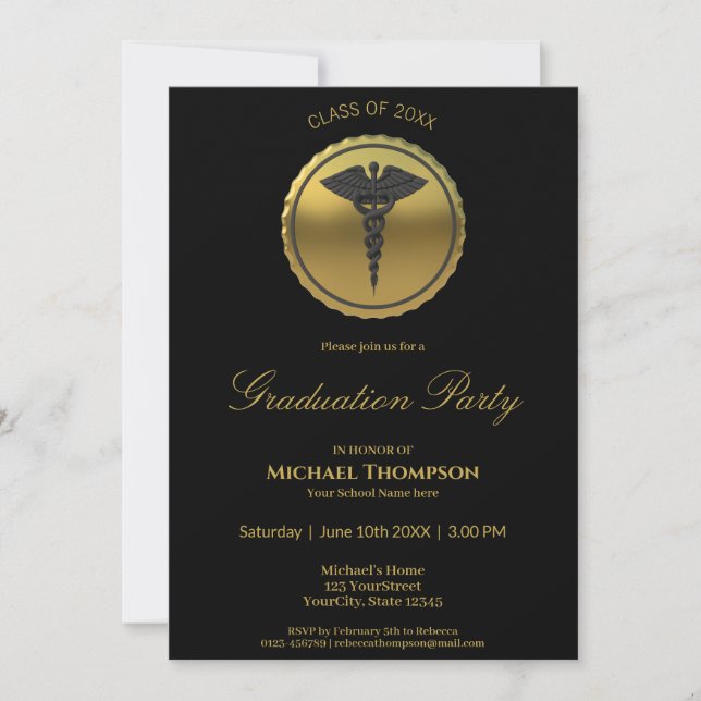 3D Gold Medical Caduceus Emblem Graduation Invitation (Front)