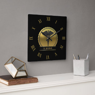 3D Gold Medical Caduceus Professional Emblem Square Wall Clock