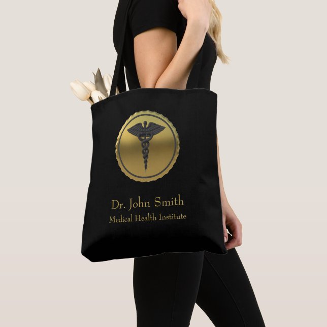 3D Gold Professional Medical Caduceus Emblem Tote Bag (Close Up)
