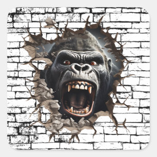 3D Gorilla Wall Break Art – Realistic Safari Square Sticker