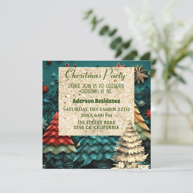 3d Green Christmas Tree| Golden Christmas Party Invitation (Standing Front)