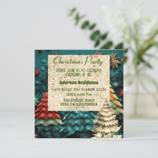 3d Green Christmas Tree| Golden Christmas Party Invitation