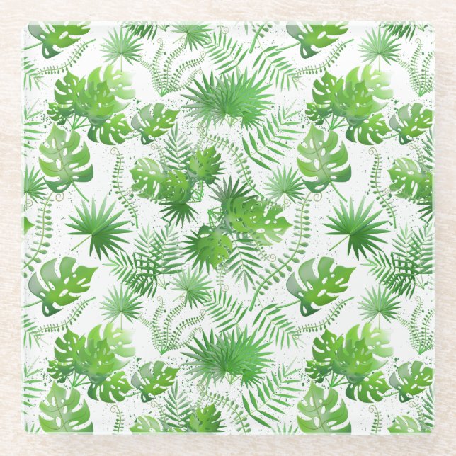 3D Green Leaves Pattern 01A Blue BG Glass Coaster (Front)
