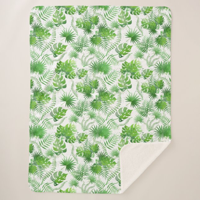 3D Green Leaves Pattern 01A White BG Sherpa Blanket (Front)