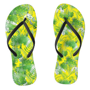 3D Green Leaves Pattern 01x4 B Yellow BG Flip Flops