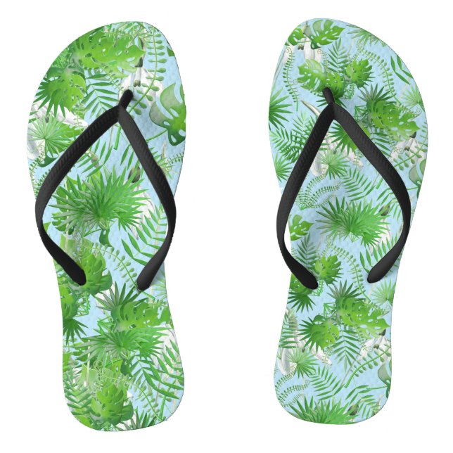 3D Green Leaves Pattern 01x4 LBlue BG Flip Flops (Footbed)