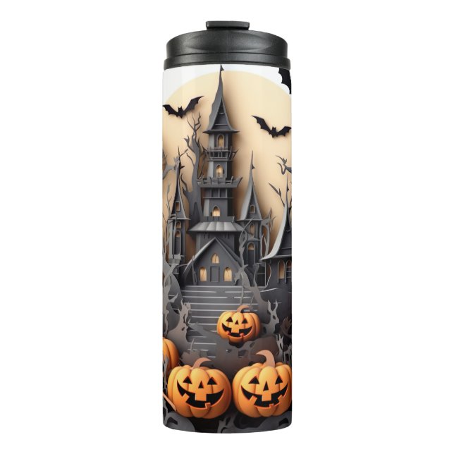 3d Halloween Pumpkin Haunted house Thermal Tumbler (Front)