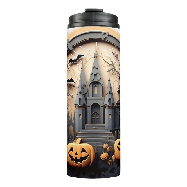 3d Halloween Pumpkin Haunted house Thermal Tumbler (Front)