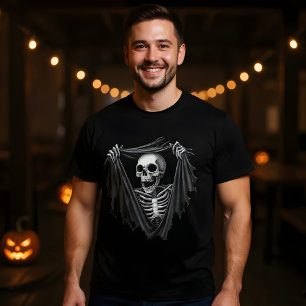 3d Halloween Skeleton Poking Through a Hole Design T-Shirt