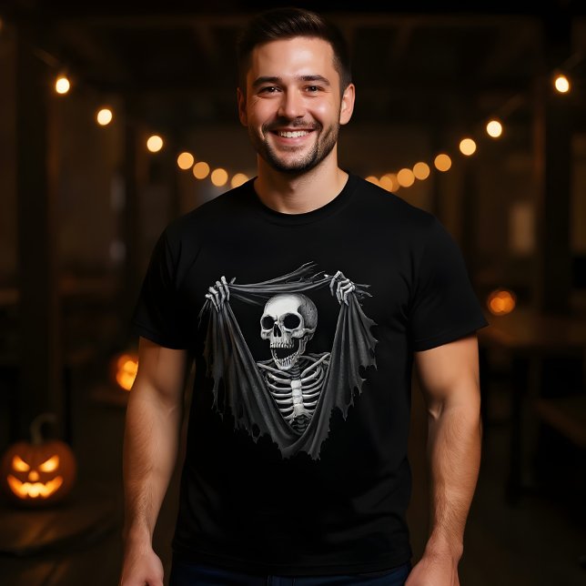 3d Halloween Skeleton Poking Through a Hole Design T-Shirt (Creator Uploaded)