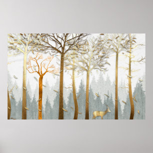 3d illustration, gray and gold contours of trees, poster