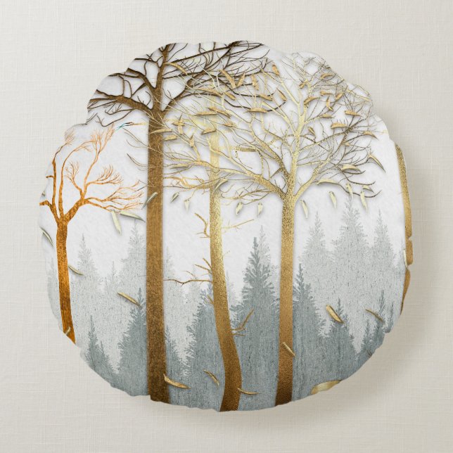 3d illustration, gray and gold contours of trees,  round cushion (Front)