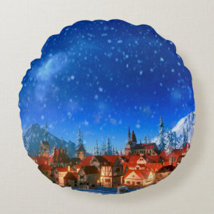 3d illustration of small alpine village at dawn. S Round Cushion