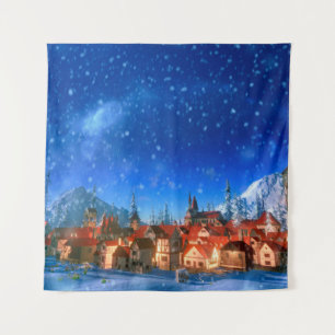 3d illustration of small alpine village at dawn. S Tapestry