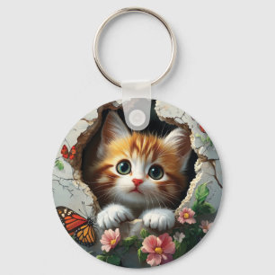 3D image of a cute little kitten peeking out  Key Ring