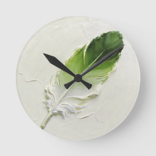 3D Impasto Texture Green Feather Elegant Modern Round Clock