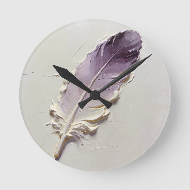 ⁠3D Impasto Texture Purple Feather Elegant Minimal Round Clock (Front)