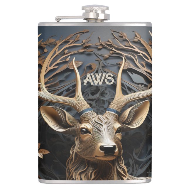 3d Large Antler Buck Deer Monogram Rustic Hip Flask (Front)
