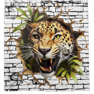 3D Leopard Wall Break Art – Realistic Safari Shower Curtain