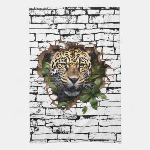3D Leopard Wall Break Art – Realistic Safari Tea Towel