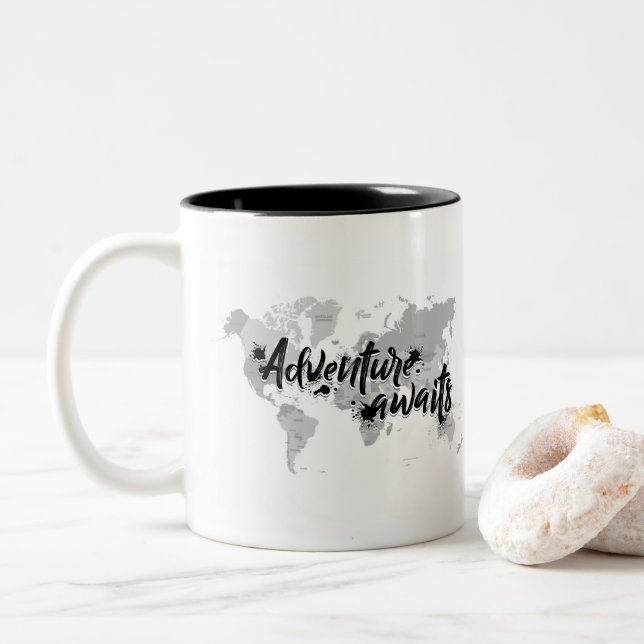 3D Letters Adventure Awaits Quote Two-Tone Coffee Mug (With Donut)