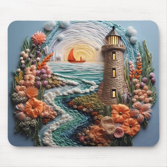 3D Lighthouse and Bay Sunset Mouse Mat (Front)